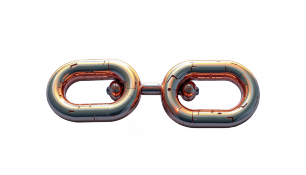 Highly detailed metallic chain link with intricate design and reflective surface, close-up shot showing texture, shine, and mechanical details of the chain