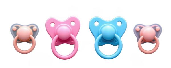 Set of three baby pacifiers with colorful handles in pink blue and neutral tones for infants and new parents, safe and soft oral comfort accessories