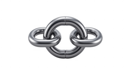 Sleek metallic chain link sculpture interconnected with polished metal s forming a continuous loop with smooth reflective surfaces and modern industrial design