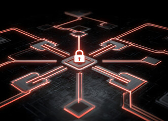 A digital network illustration featuring a central lock, symbolizing security amidst interconnected pathways glowing in red.