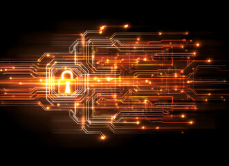 A digital representation of a secure network, featuring a padlock and circuit patterns, symbolizing data protection and cybersecurity.