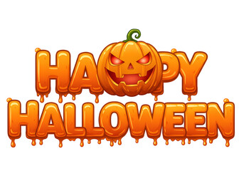 Happy Halloween Text with Spooky Jack O Lantern Face - Dripping Orange Letters