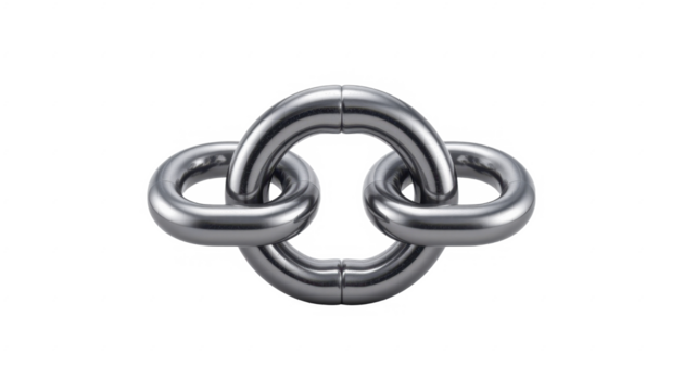 Sleek metallic chain link sculpture interconnected with polished metal s forming a continuous loop with smooth reflective surfaces and modern industrial design