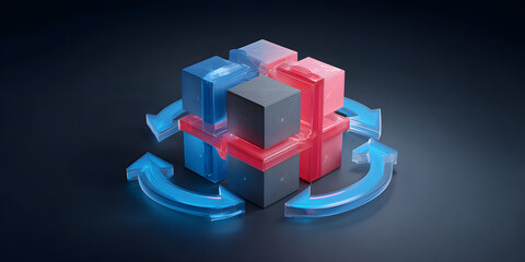 A 3D representation of interlocking geometric shapes in blue and red, symbolizing connectivity or technology with dynamic arrows indicating movement.