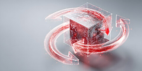 A digital cube surrounded by swirling arrows, representing movement and data flow in a futuristic, abstract design.