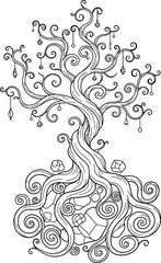 Ornate tree of life with swirling branches roots and hanging crystals on white background Keywords: tree of life, ornate, decorative, swirling, branches, roots, crystals, gems, hanging, organic
