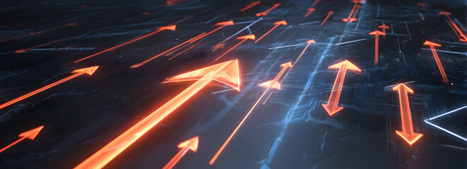 A dynamic digital background featuring glowing arrows pointing in various directions, symbolizing progress and technology.