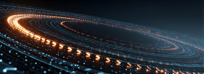 A futuristic swirling pattern of light and energy on a dark background, suggesting motion and technology.