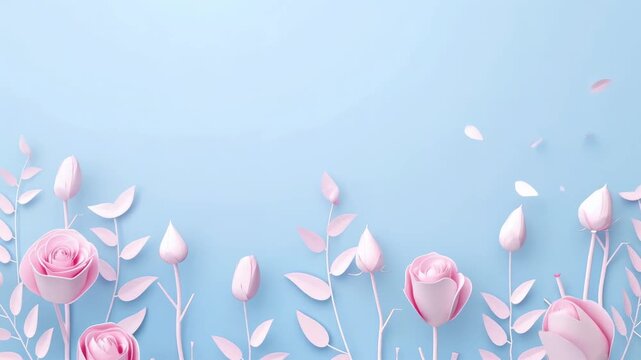 Pink paper buds with falling petals blossom into a garden of roses on a blue background, romantic growth animation for spring.