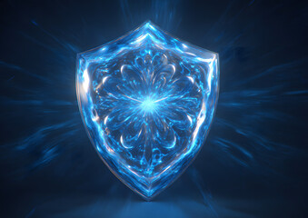 A luminous, intricate shield design radiates blue light against a dark background, symbolizing protection and energy.