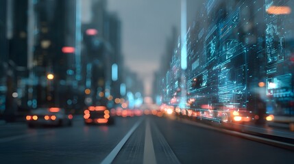 Illuminated city street at dusk features blurred background with lights, cars, and a digital overlay.