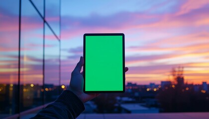 Hand Holding Tablet with Green Screen at Sunset Over Cityscape
