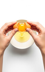 Top View of Woman’s Hands Cracking Egg into Bowl – High-Contrast Studio Advertising Style on White Background
