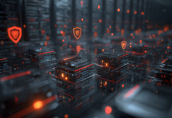A futuristic digital landscape featuring interconnected structures with glowing elements, representing advanced technology and data security.