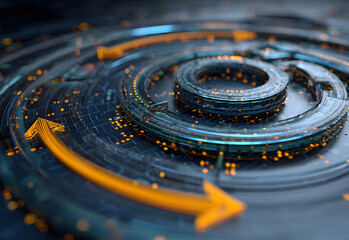 A futuristic digital swirl with glowing orange arrows, symbolizing progress and technology in a cybernetic environment.