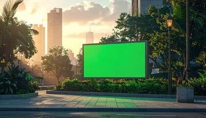 Green Screen Billboard in City Park at Sunset.