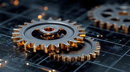 A close-up of metallic gears interlocked on a digital circuit background, symbolizing technology and machinery.