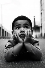 A young african american child lies on an asphalt street. He rests his face in his hands while gazing upwards. Tall buildings line the street in the background. Generative AI.