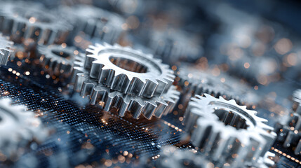 Close-up of metallic gears, highlighting intricate details and textures, creating a dynamic industrial aesthetic with a blurred background.