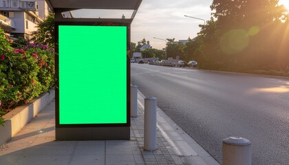 Green screen billboard at a bus stop on a sunny street with flowering bushes