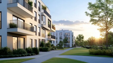 Modern apartments sunset, landscaped walkway