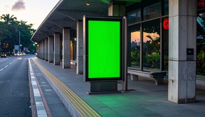 Blank Green Screen Digital Billboard at Modern Urban Bus Stop at Dusk