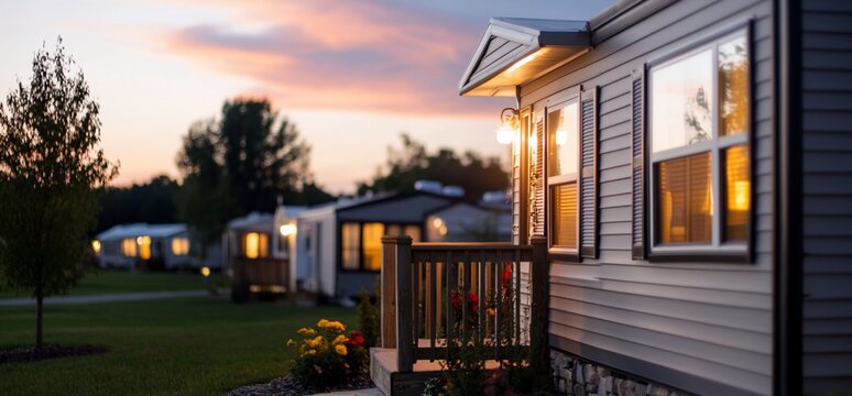 Mobile home park sunset; cozy evening