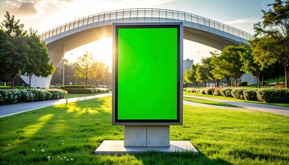 Blank vertical billboard with green screen in a modern city park at sunset with a bridge.