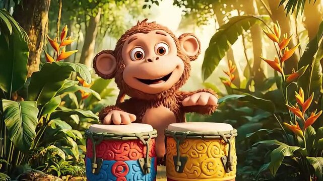 A cheerful cartoon monkey playing bongo drums in a vibrant jungle setting