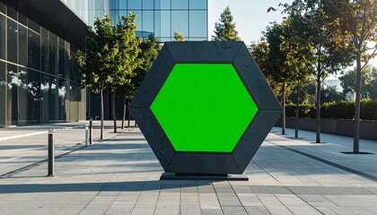 Blank Hexagonal Billboard with Green Screen for Mockup in a Modern Urban Business District