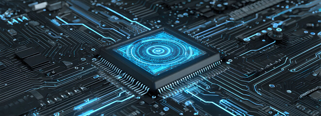 A close-up view of a microchip on a circuit board, showcasing intricate designs and glowing blue elements, symbolizing advanced technology.