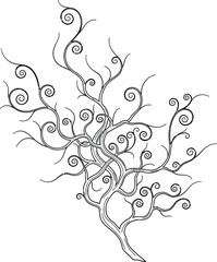 Intricate tangled branches with swirling tendrils in black line art on white background Keywords: branches, tree, nature, swirl, tangled, intricate, art, graphic, illustration, black and white