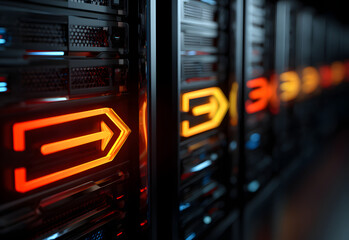 A close-up view of illuminated server racks, featuring directional arrows in vibrant colors, showcasing advanced technology and data storage systems.