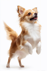 Fototapeta premium Small chihuahua dog standing on hind legs on white background 