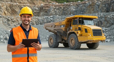 Happy construction worker with yellow hardhat using tablet outdoors