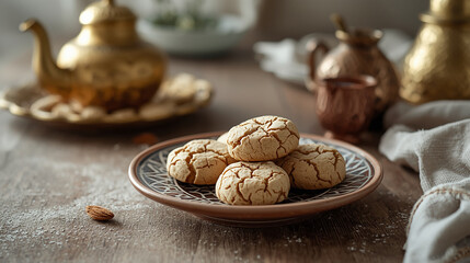 Fototapeta premium Traditional Cracked Almond Ghriba Cookies on a Ceramic Plate, with Moroccan Tea Set Background, Capturing a Maghrebi Dessert Tea Time in Landscape