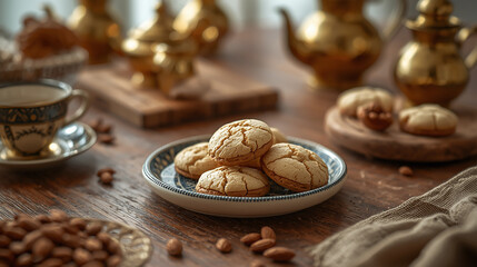 Fototapeta premium Traditional Cracked Almond Ghriba Cookies on a Ceramic Plate, with Moroccan Tea Set Background, Capturing a Maghrebi Dessert Tea Time in Landscape