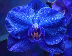Macro shot of a rare blue Vanda orchid with rich texture and vivid details. showing off its glowing indigo petals and exotic, luxurious beauty.