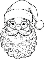Black and white line drawing of Santa Claus face with glasses mustache and curly beard on white background Keywords: Santa Claus, Father Christmas, holiday, Christmas, winter, festive, character