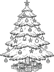 Detailed black and white line art drawing of a decorated Christmas tree with presents underneath on a white background