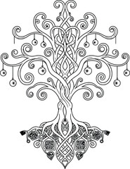 Ornate Celtic Tree of Life with Swirling Branches and Star Ornaments vector illustration