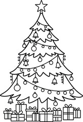 Black and white line art drawing of a decorated Christmas tree with presents underneath, suitable for coloring