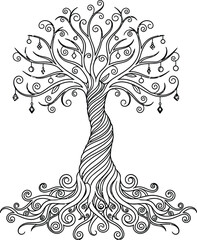 Ornate black and white illustration of a stylized tree with swirling roots and branches adorned with diamond-shaped ornaments