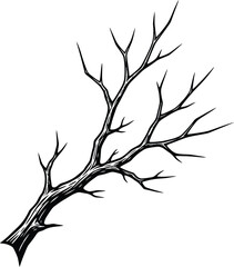 Stylized black and white illustration of a bare tree branch with sharp, angular twigs silhouette outline
