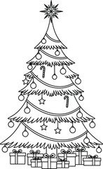 Black and white outline drawing of a decorated Christmas tree with presents at its base holiday