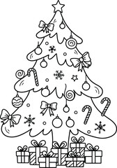 Hand Drawn Christmas Tree with Ornaments Candy Canes Bows and Gifts Outline Keywords: christmas tree, outline, drawing, holiday, decoration, ornament, gift, present, candy cane, bow, snowflake