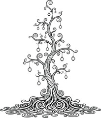 Intricate black and white drawing of a fantastical tree with swirling roots and hanging ornaments outline