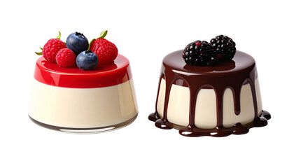  Two Panna Cotta Desserts Bundle with Different Toppings isolated on transparent background.