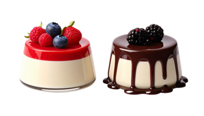  Two Panna Cotta Desserts Bundle with Different Toppings isolated on transparent background.