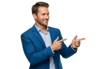 Smiling businessman in a blue suit pointing to the right with both hands on a white background